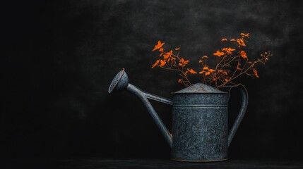 Poster - Rustic galvanized watering can with orange flowers against dark background.