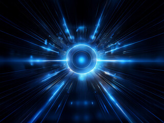 Intense blue light bursts from a central circular core, radiating outward in a dynamic, symmetrical pattern against a dark background.  The effect is futuristic and energetic.