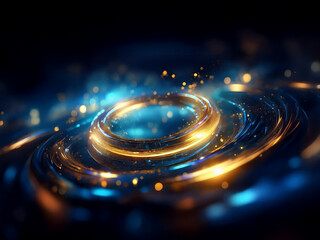 Aufkleber - Abstract image of swirling, luminous rings in deep blue and gold.  Glowing particles emanate from the central circular form, creating a sense of energy and movement.