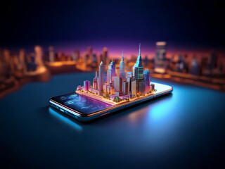 Aufkleber - A vibrant, miniature metropolis sits atop a sleek smartphone, illuminated by neon glows against a blurred cityscape backdrop.  The scene evokes themes of mobile technology and urban life.