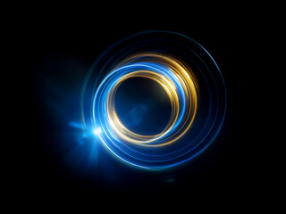 Poster - Abstract image featuring concentric glowing circles in blue and gold hues against a black background.  The light creates a dynamic, swirling effect.