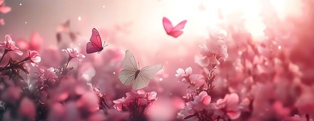 Wall Mural - Pink cherry blossoms with butterflies flying in the air, a paste spring background