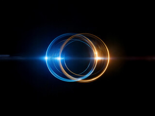 Fototapete - Intertwined luminous rings, blue and gold, glow against a black background.  A bright light streak connects them, creating a sense of energy and connection.