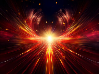 Poster - A radiant, fiery burst of light emanating from a central point, resembling wings or a phoenix, set against a dark background.  Intense energy and cosmic power are depicted through streaks of light and