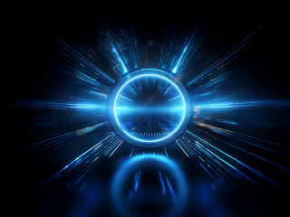 Leinwandbilder - Glowing blue circular portal with radiating light streaks against a dark background.  Its reflective surface creates a mirrored effect, suggesting depth and energy.