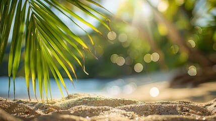 Wall Mural - Tranquil sandy shore with gently blurred palm leaves and tropical beach bokeh, perfect for summer vacation and travel inspiration with spacious copy space