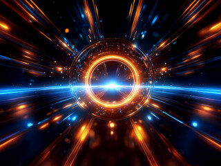 Aufkleber - Abstract image depicting a glowing orange and blue ring, resembling a portal or wormhole, surrounded by streaks of light against a dark background.  Speed and energy are implied.