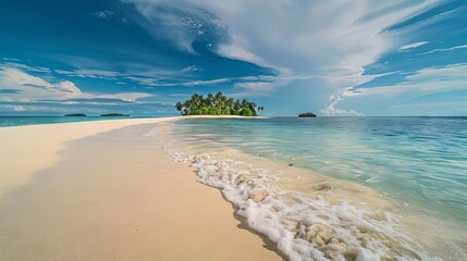 Wall Mural - Serene sandy tropical beach with crystal-clear turquoise water, palm-fringed shoreline, and lush island in the distance under a sunny sky