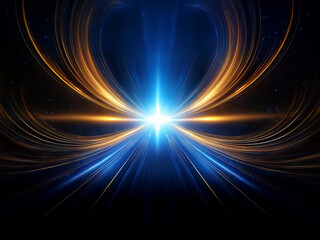 A vibrant, symmetrical light explosion.  Bright blue and gold energy streams radiate outward from a central point, creating a dynamic and cosmic visual.  The dark background enhances the brilliance of