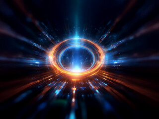 A glowing orange and blue ring, radiating light and energy, forms a futuristic portal or wormhole.  The vibrant colors and streaks of light suggest intense speed and power.