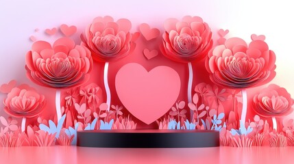 Poster - Creative Valentine's Day podium with paper cut out concept. Colorful floral arrangement with a heart centerpiece in a romantic setting