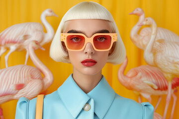 Wall Mural - A blonde woman with a sleek bob haircut in oversized orange sunglasses. She poses with flamingo props against a vibrant yellow background.