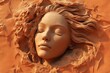 © herman - A beautiful woman's face made of clay, half-buried in the red sand desert. Her hair is flowing