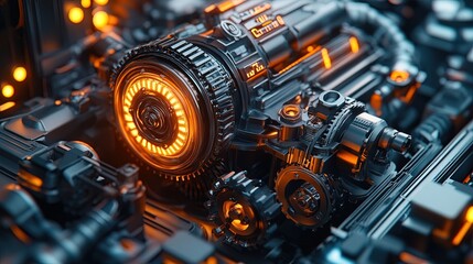 Futuristic vehicle engine with exposed gears and glowing details, highly detailed