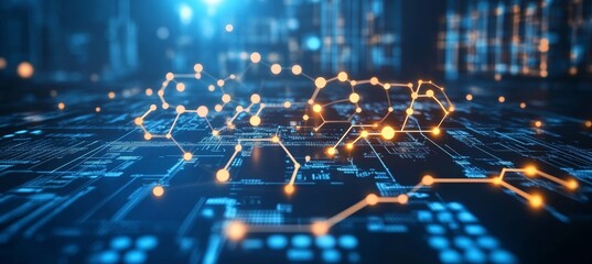 Fototapete - Science atom networking connect structure. Technology wireless server communication system. Team social linked global digital database. Generative video AI technology.	
