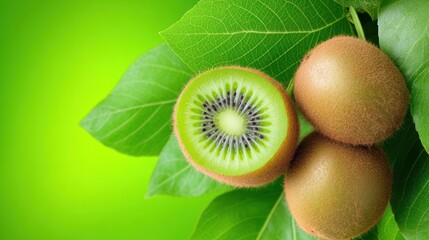 Wall Mural - Fresh kiwifruits on green leaves, showcasing natural beauty.