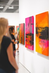 Wall Mural - art gallery grand opening with blurred attendees admiring vibrant modern paintings on clean white wa