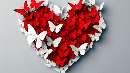 Wall Mural - Heart made of butterflies with red and white wings. The butterflies are arranged in a way that they form the shape of a heart. Concept of love and beauty, as the butterflies are delicate