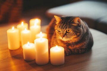 Wall Mural - A cozy scene featuring a cat beside glowing candles, perfect for cozy home ideas. The interior of the house adds warmth and charm to this restful moment.