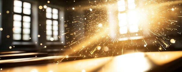 Leinwandbilder - A sunbeam filters through a window, creating a magical atmosphere with dust particles illuminated in the warm light.