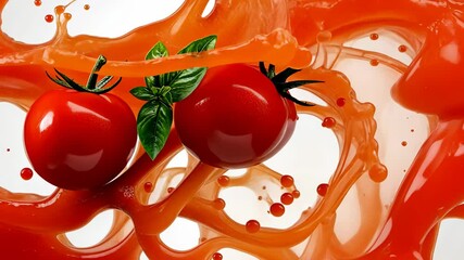 Wall Mural - Close up of two red tomatoes with a splash of red sauce in the background. The tomatoes are surrounded by green leaves, giving the impression of a fresh, healthy meal. The sauce adds a pop of color