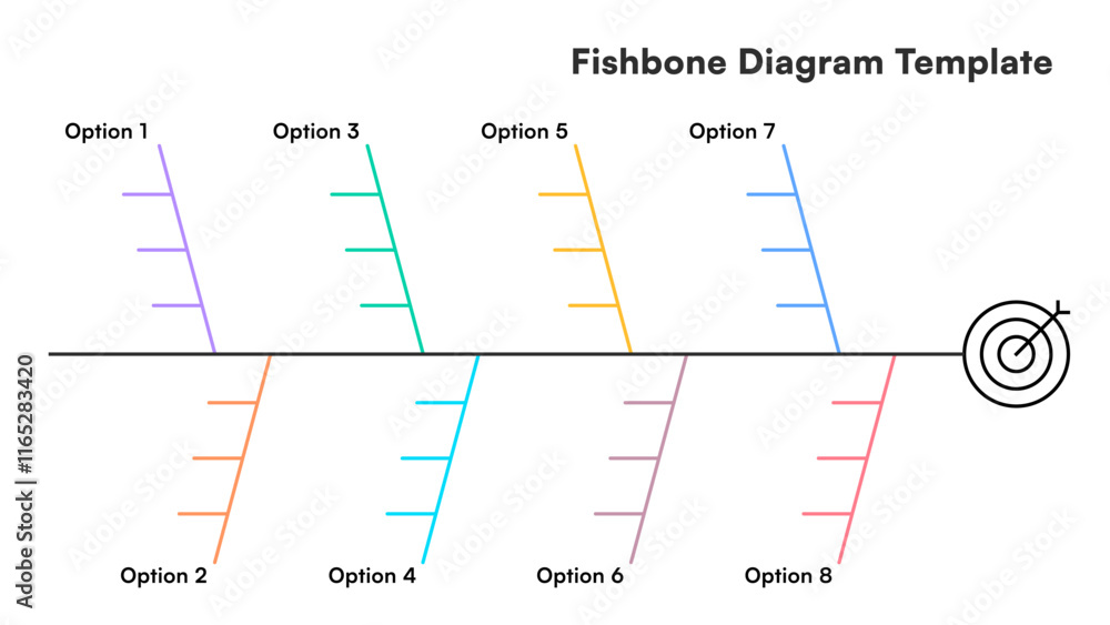 Fishbone Chart Text Sticker Colorful Fishbone Diagram Template with Eight Branches and Target Icon ...
