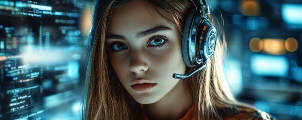 Poster - Young programmer woman wearing headphones working with computer code on screen at night