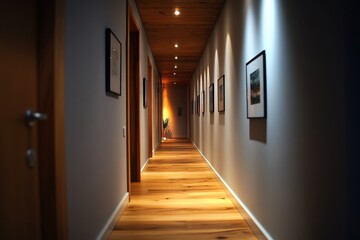 Long, Well-Lit Hallway with Pictures and Wooden Floors in Modern Interior Design