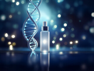 Poster - Glowing serum bottle beside a DNA helix, reflecting on a dark surface.  A futuristic image suggesting advanced skincare or genetic research.