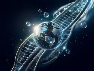 Poster - A glowing Earth sits at the heart of a double helix DNA strand, surrounded by shimmering bubbles against a dark blue backdrop.  This symbolizes the intricate connection between our planet and its gene