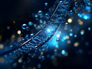 Poster - A mesmerizing 3D rendering of a DNA double helix, glistening with blue light and surrounded by floating translucent spheres.  The image evokes a sense of scientific discovery and the mysteries of life