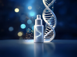 Poster - A sleek, white serum bottle sits on a reflective surface, illuminated by soft blue light.  A DNA helix elegantly rises behind it, suggesting advanced, scientifically-formulated skincare.