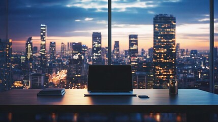 Wall Mural - Blurred Evening Office Workspace with Cityscape View at Dusk