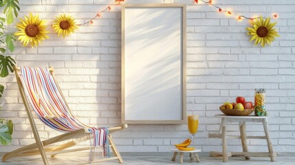 Poster - Sign surrounded by paper flowers chair and sunny tropical drink table