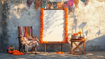 Wall Mural - Weathered stone wall mockup surrounded by bright marigold garlands
