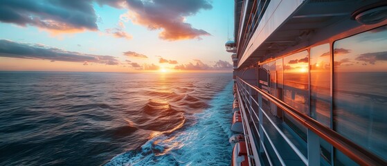 Wall Mural - majestic cruise ship gliding through a fiery sunset over calm ocean waters, creating a breathtaking 