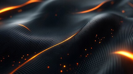 Poster - Glowing orange streaks flowing across dark carbon fiber texture