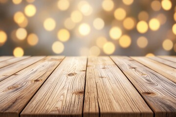 Wall Mural - Wooden table surface with natural texture on a blurred golden bokeh lights background. Perfect for product display or mockup presentation. Ai generative