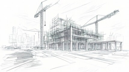 Wall Mural - Detailed Construction Site Sketch with Cranes and Framework