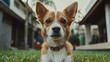 © alisya - Adorable small dog lying on grass, looking at camera.