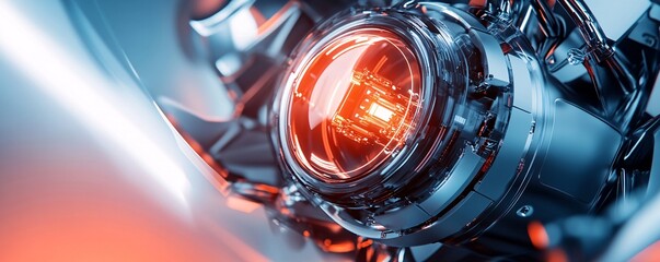 Poster - Futuristic engine core glowing with red light: complex mechanism close-up