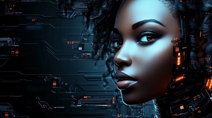 Poster - Woman merging with futuristic technology in cyberpunk style