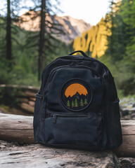customizable backpack patch mock up with an adventure themed design. travel concept, free space for 