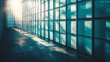 Poster - Sunlight illuminating empty modern corridor with large windows and tiled floor