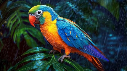 Vibrant Macaw in Tropical Rainforest Rain High Resolution Image