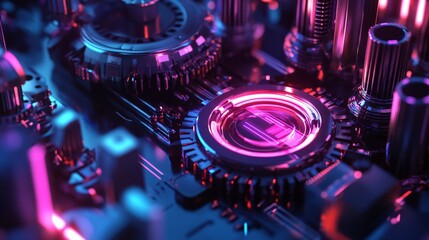 Leinwandbilder - Futuristic motherboard glowing with neon lights and complex circuitry