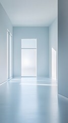  A large, airy space with a soft gray-blue background, creating a calm and serene environment for a product display