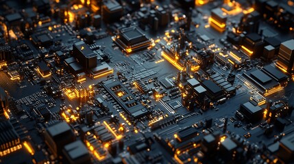 Poster - Futuristic circuit board pulsating with golden energy flows