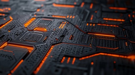 Aufkleber - Futuristic circuit board glowing with orange light: complex technology background