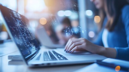 Software engineer programming on laptop, developing innovative digital solution
